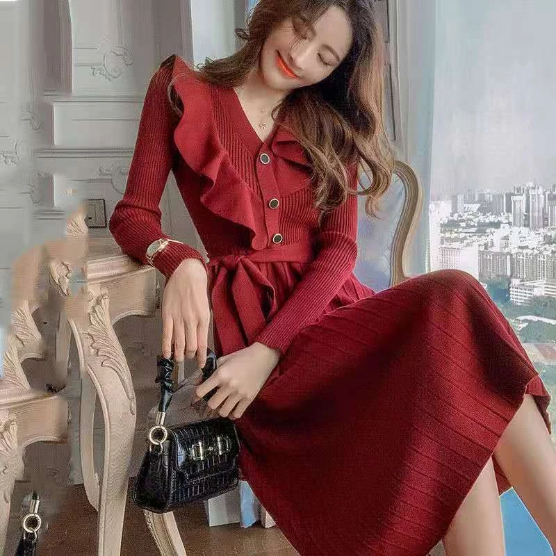 188大码女装针织连衣裙2025秋冬长款荷叶边减龄气质小香风打底裙