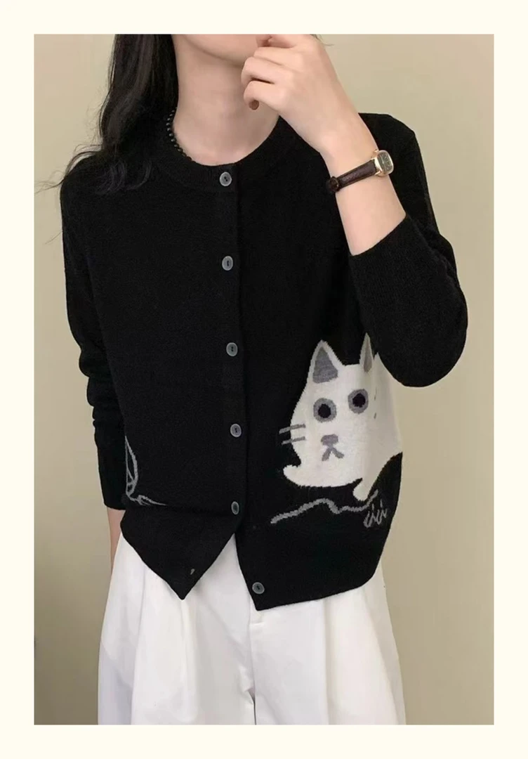 3371大码女装百搭针织开衫长袖新款毛衣卡通外套春季宽松上衣