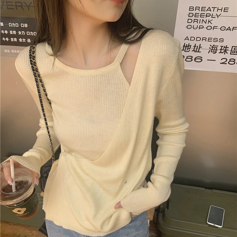 【现货-陈11定制】7002大码微胖露肩显瘦长袖针织衫纯色设计感打底