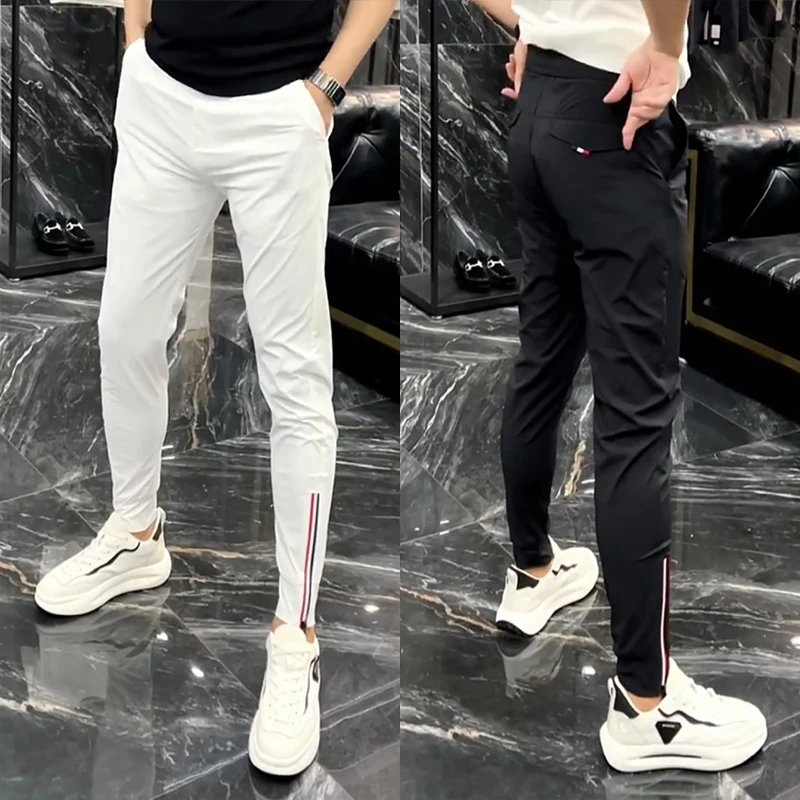 夏季薄款欧货速干休闲裤男纯色百搭修身小脚裤弹力显瘦冰丝运动裤