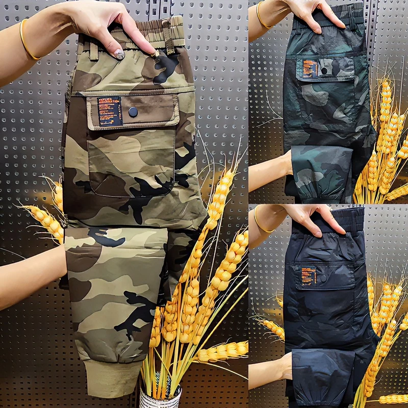 2024夏季迷彩工装裤男时尚韩版修身小脚运动裤百搭弹力束脚休闲裤