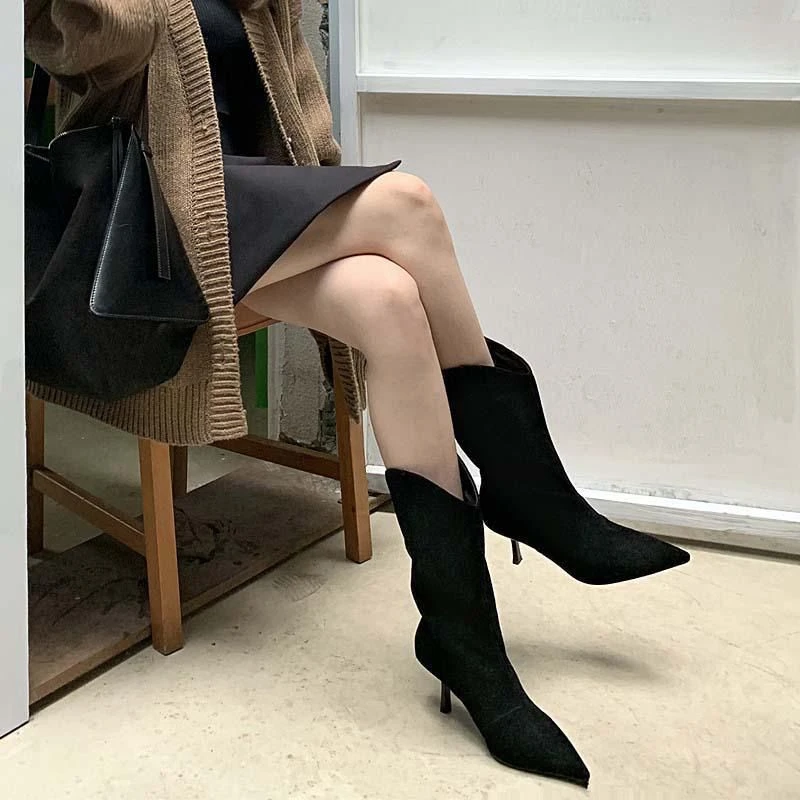 红青蜓牌靴子洋气靴子女短靴秋冬季磨砂皮细尖头短靴牛仔网红女靴