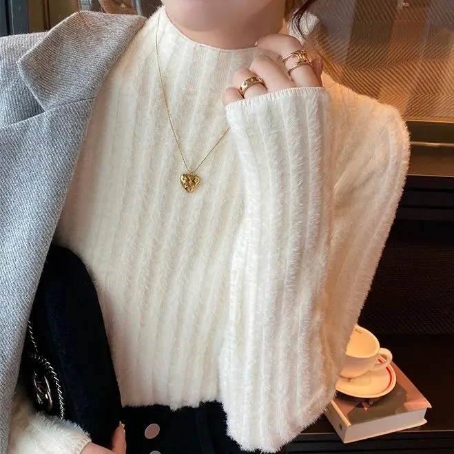 加绒加厚一体绒打底衫软糯亮丝毛衣女秋冬新款仿水貂绒半高领内搭