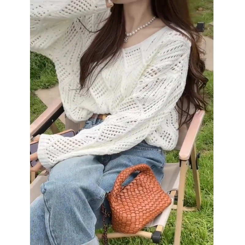 2024韩系设计感宽松套头显瘦镂空百搭针织衫罩衫早春慵懒上衣减龄