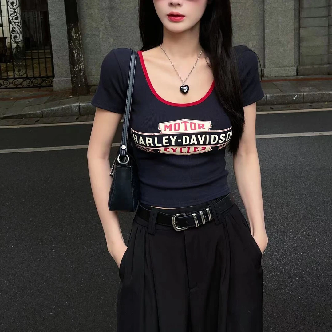 时尚U领上衣女夏季新款撞色高端韩版显瘦字母印花设计感短袖T恤
