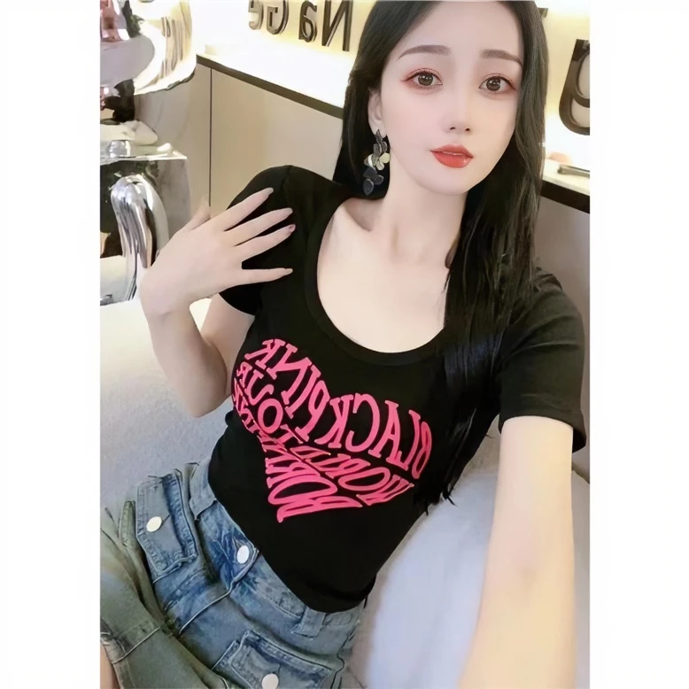 时尚u领纯棉设计感辣妹小众短款T恤女夏修身显瘦百搭短袖上衣ins