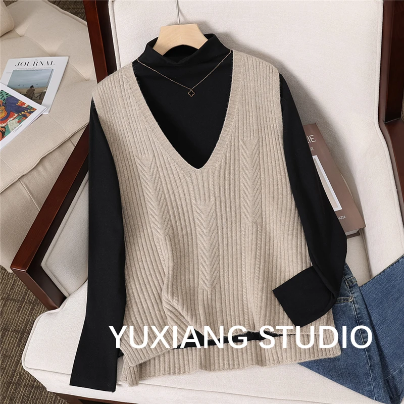 WF坑条麦穗编织毛衣背心韩版宽松套头V领女士洋气针织衫马甲