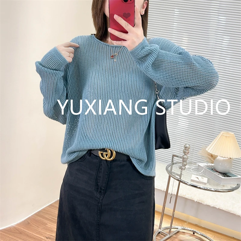 QSH卷边一字领隔针微镂空夏季新款上衣宽松韩版慵懒风百搭针织衫