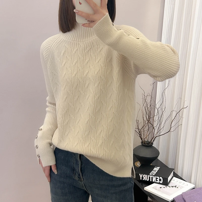 袖口开叉纽扣波浪纹针织打底衫秋冬季新款上衣韩版修身毛衣内搭女