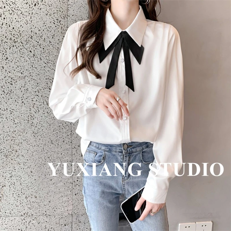 YX可脱卸蝴蝶结装饰很仙的白衬衫女小众衬衣