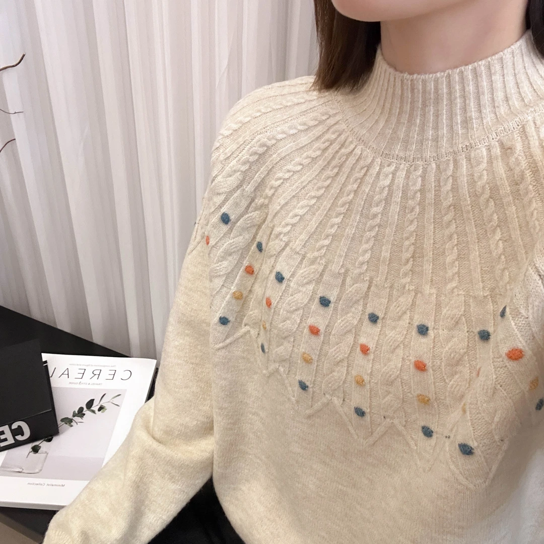 米莱jiaer/彩点扇形麻花半高领针织打底衫宽松毛衣内搭女