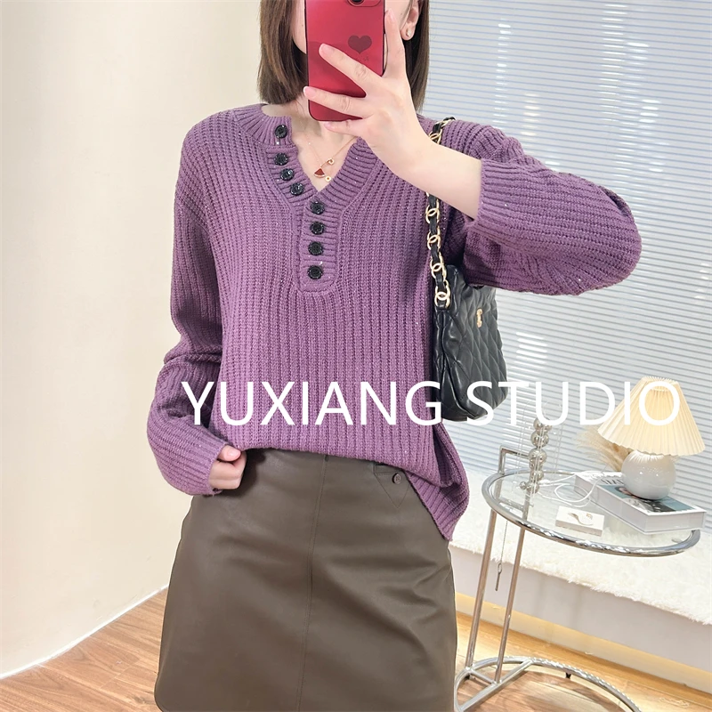 QSH亮片满天星单排扣V领春秋季新款上衣宽松韩版网红长袖针织衫女