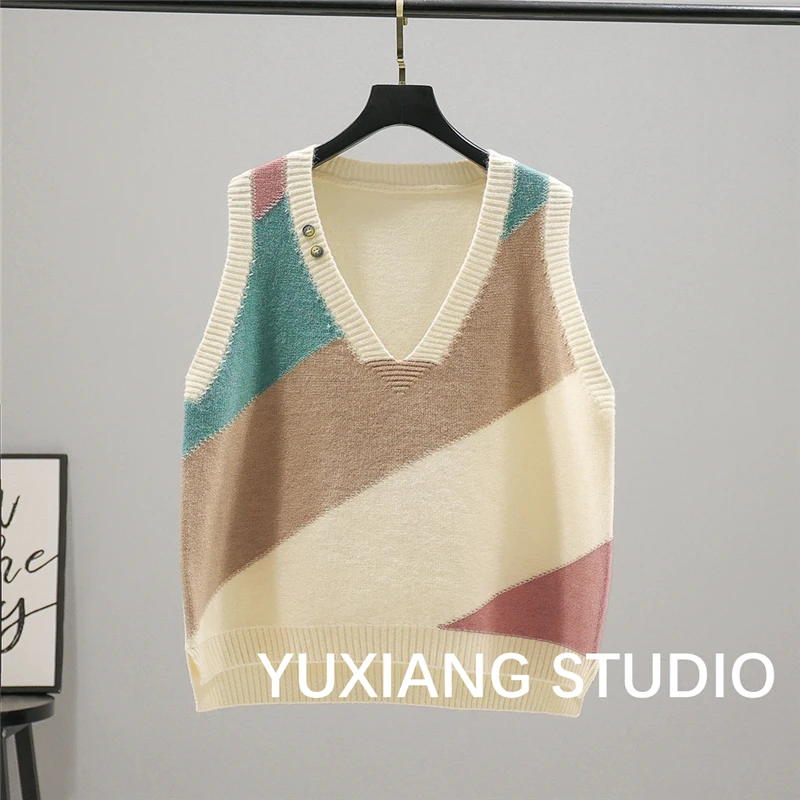 CB斜条纹纽扣四色彩红条纹毛衣背心洋气女士针织衫马甲