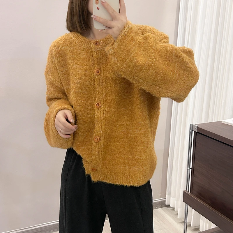 圈圈绒花纱圆领针织开衫秋冬季新款上衣宽松韩版加厚毛衣开衫外套