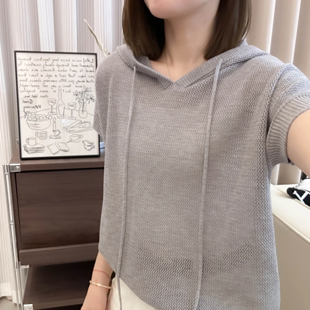 连帽纯色微镂空短袖针织衫夏季新款上衣宽松韩版薄款百搭T恤女士