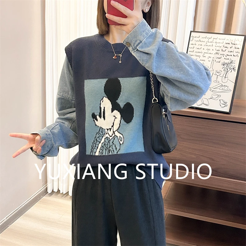 YQ米奇提花假两件套牛仔袖圆领春秋季新款上衣宽松韩版针织衫毛衣