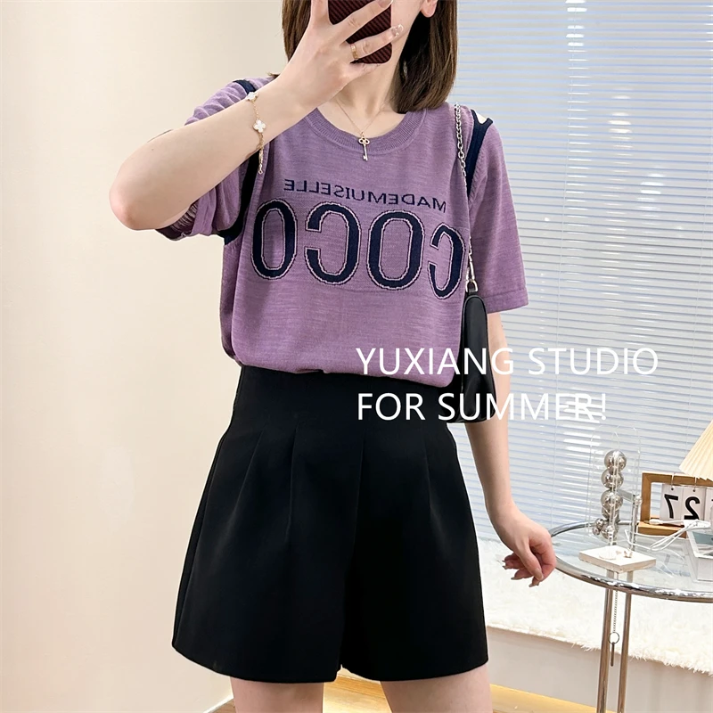 H58685字母COCO提花露肩竹节圆领夏季新款上衣宽松韩版针织T恤女