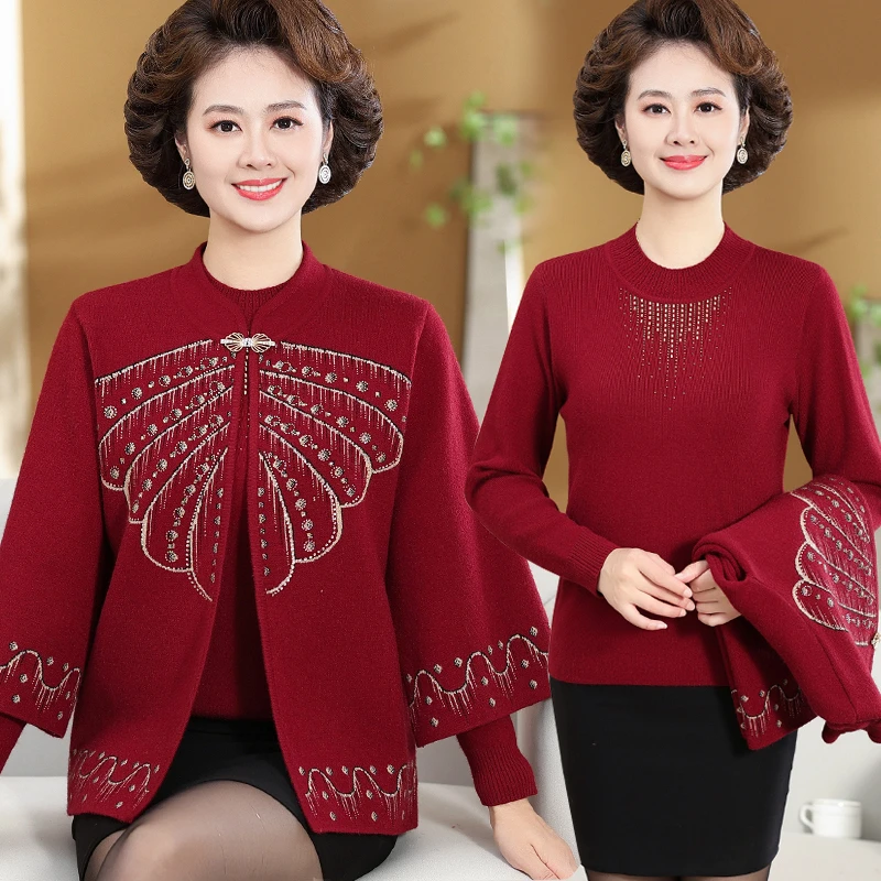 两件套妈妈装秋装外套喜庆婚宴衣服中老年女秋冬时髦上衣洋气高贵