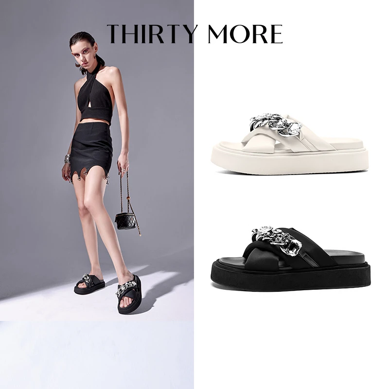 THIRTYMORE一字拖鞋女夏季新款欧美炸街水钻气质百搭厚底凉拖