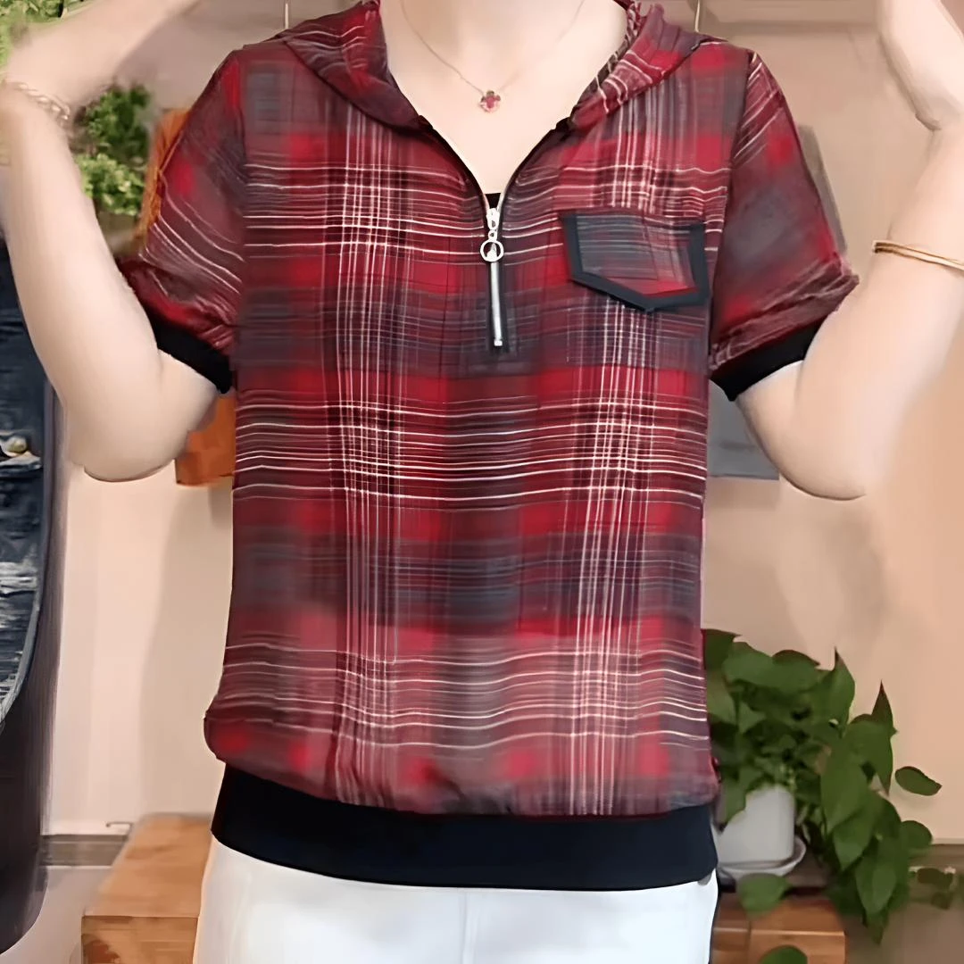 夏季款妈妈装显瘦气质时尚休闲格子连帽字母印花百搭薄款短袖t恤