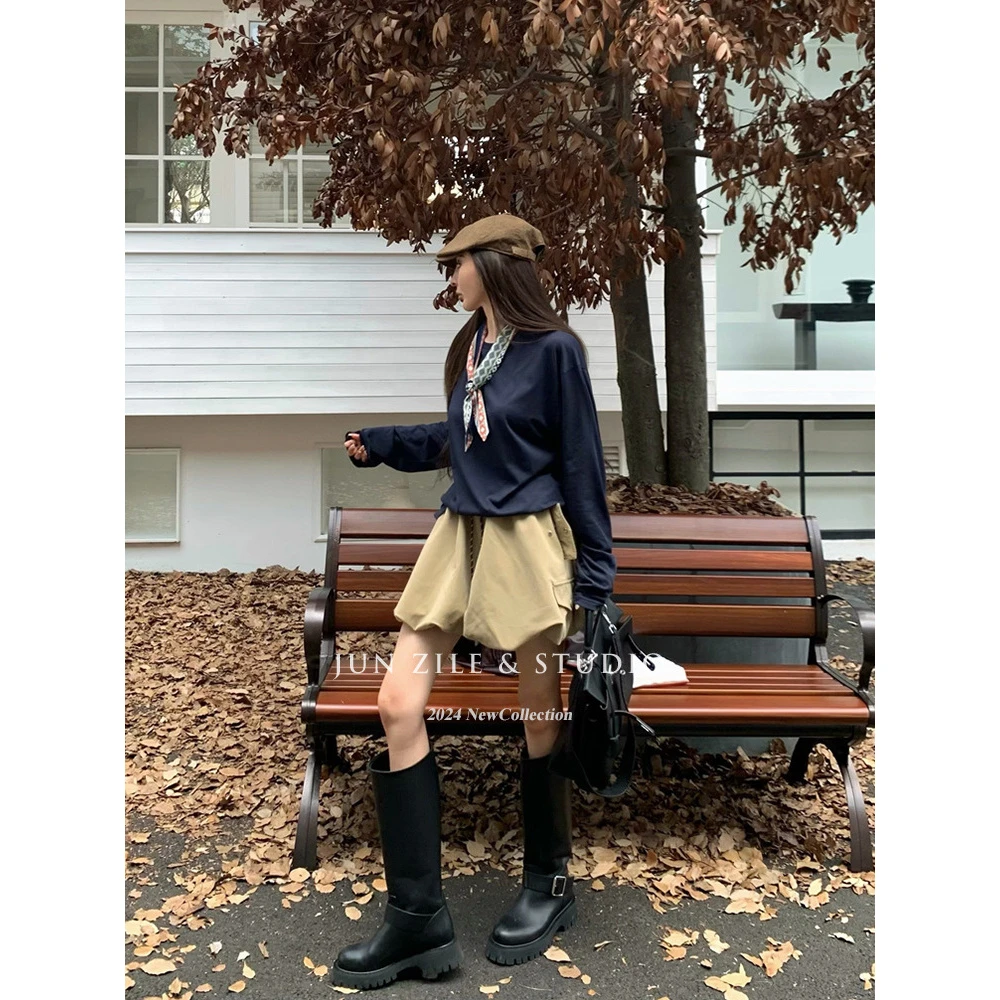 美式气质宽松长袖T恤上衣女2024秋装新款时尚套装高腰半身裤裙女
