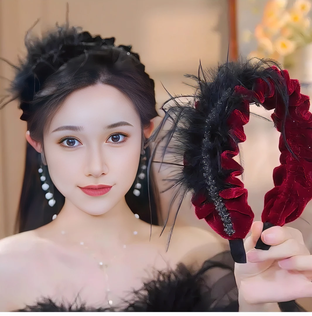 超仙水钻羽毛毛褶皱发箍女法式复古高颅顶显发量压发丝绒头箍时尚