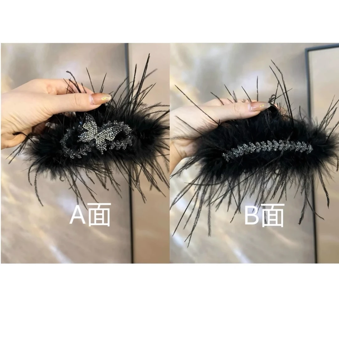 羽毛发卡鲨鱼夹AB面黑色秋冬气质精致高级鸵鸟毛头饰复古百搭发饰