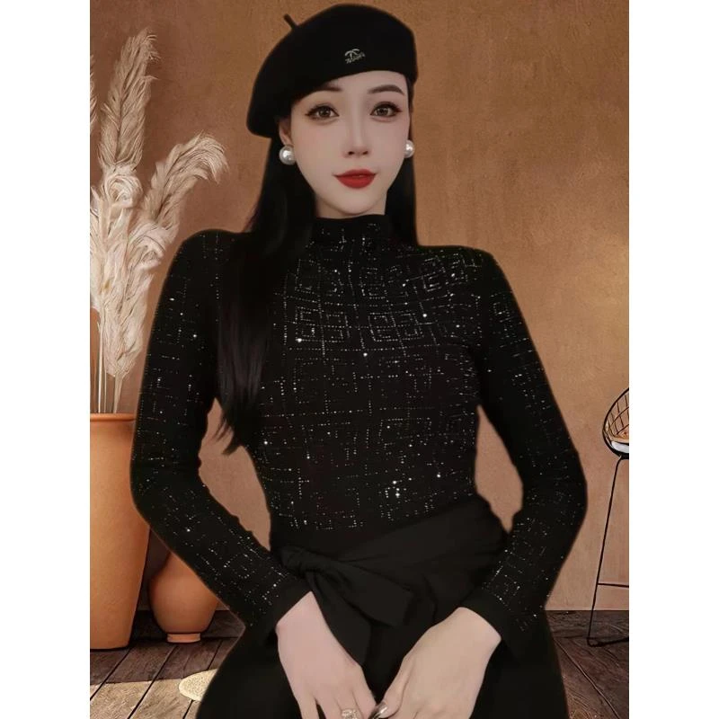 气质冬季磨毛长袖内搭烫钻设计感半高领显瘦纯色百搭女黑色打底衫