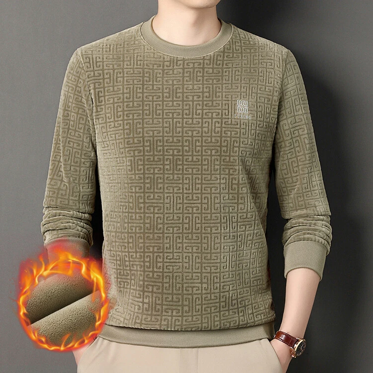 皮尔卡丹冬季男士轻奢卫衣时尚套头澳粒绒圆领休闲长袖打底上衣