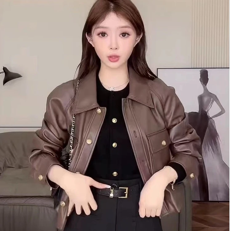 2023早秋新款美式复古棕色皮衣外套女小个子短款翻领夹克机车上衣