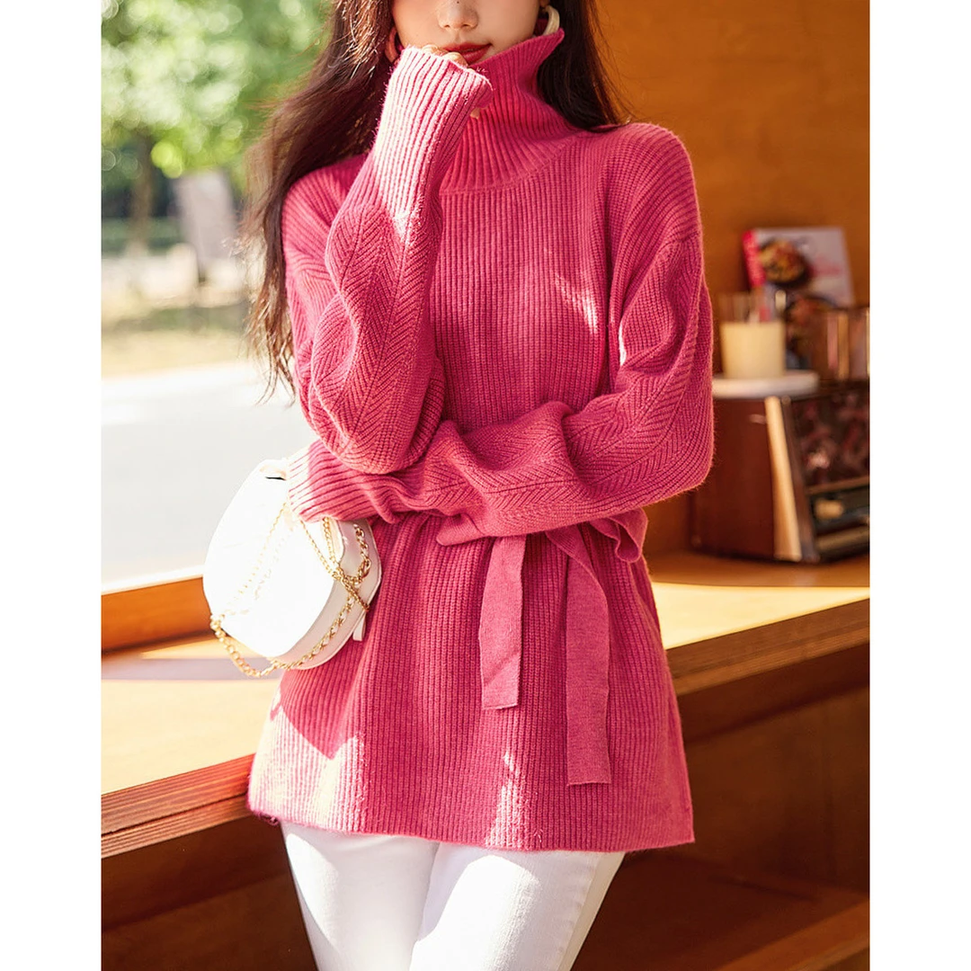 【高质纤绒纱】2023冬季新通勤高领线衫长袖腰带针织衫女上衣