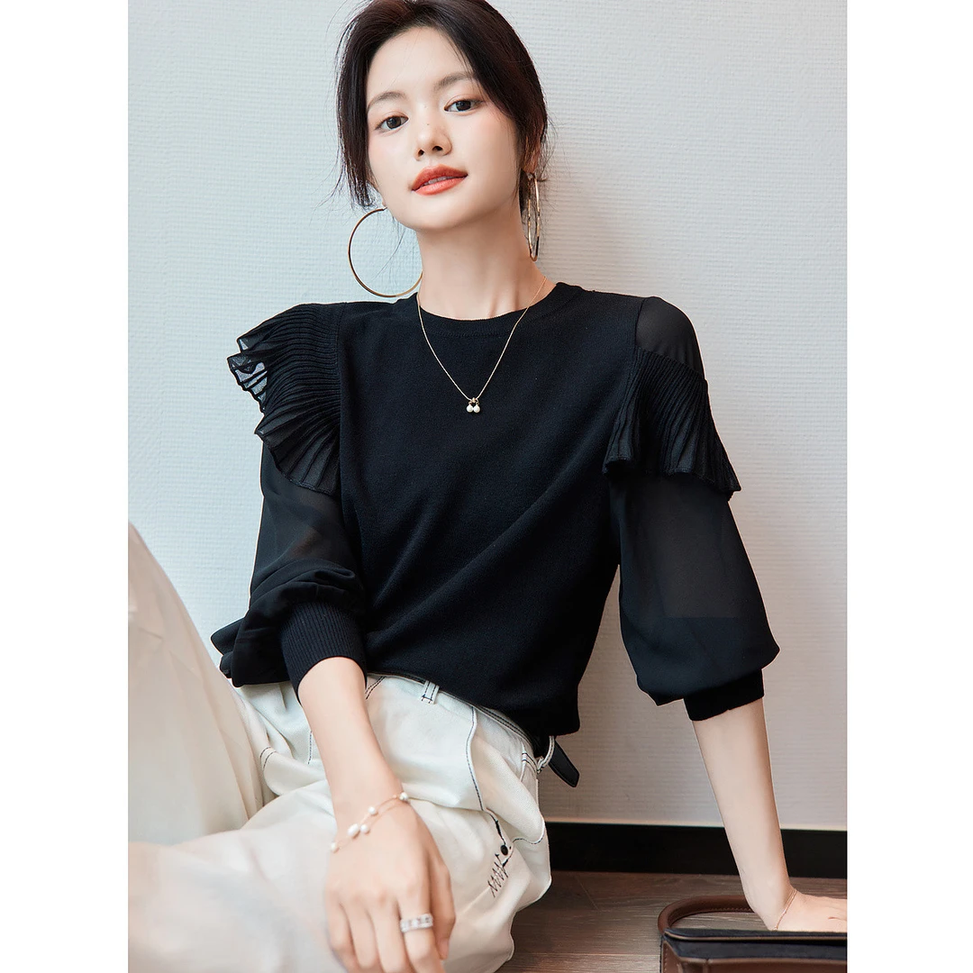 【名媛纤绒纱线衫】2023秋季新款圆领淑女针织衫女上衣拼接时尚洋气