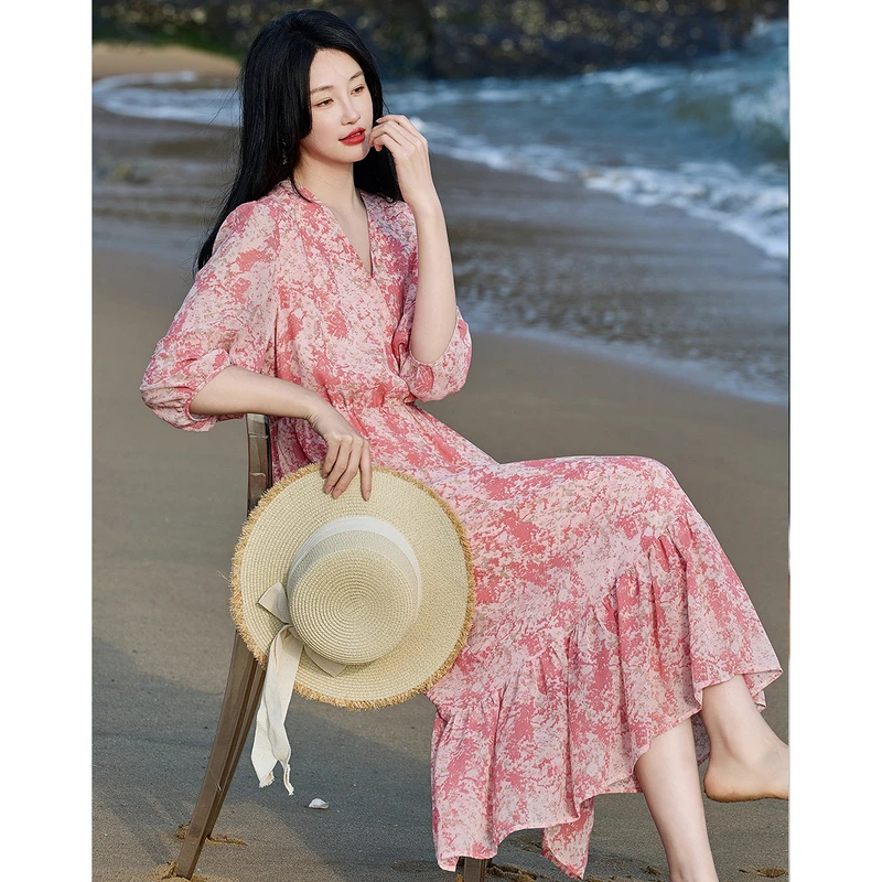 dme德·玛纳春夏V领雪纺印花九分泡泡袖荷叶边连衣裙长款