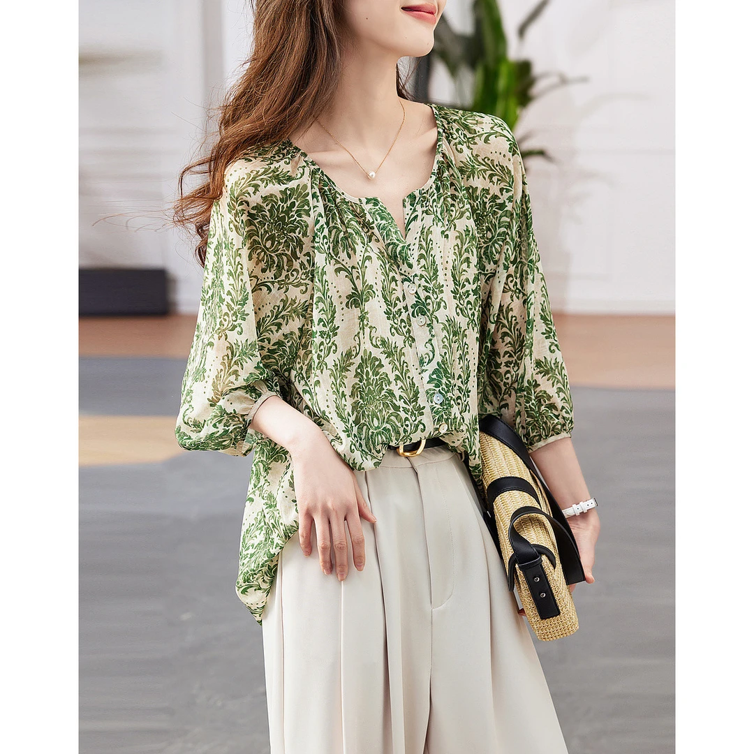 【通勤抽褶印花衬衫】2023夏新款V领短袖雪纺衬衣女装上衣洋气
