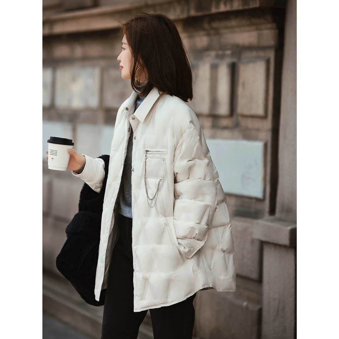 【90鸭绒】冬季400T春亚纺压胶收口袖宽松金属链条羽绒服女