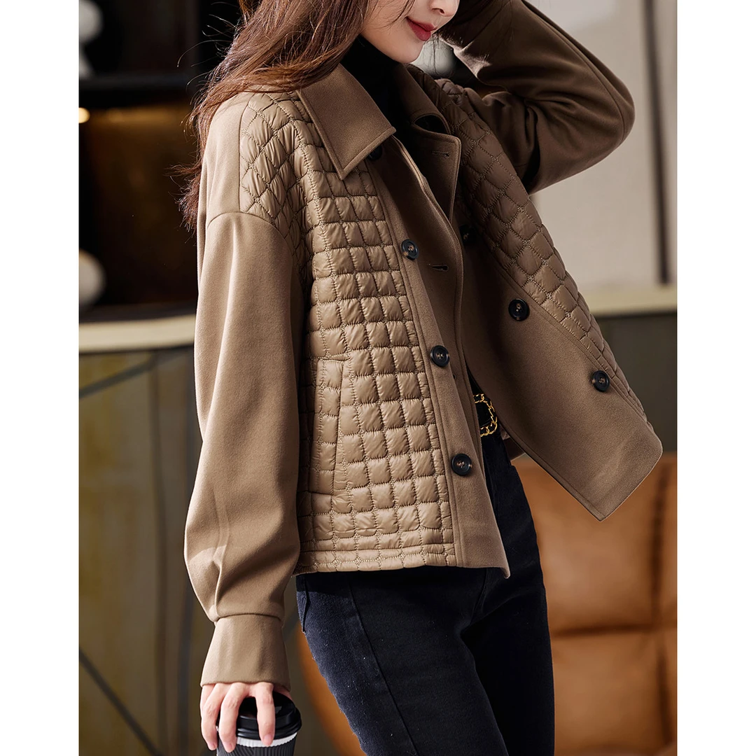 【知识分子】冬季新都市翻领拼接绗缝长袖纽扣棉衣棉服外套女短款