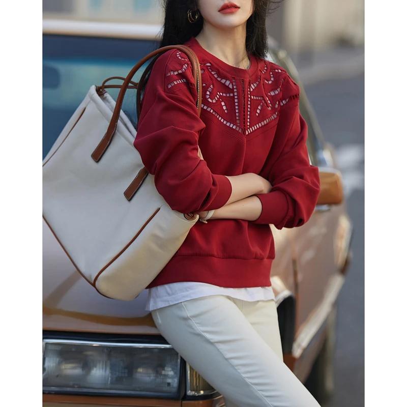 dme【时髦休闲刚需】春新圆领长袖宽松空气层棉质绣花卫衣女上衣