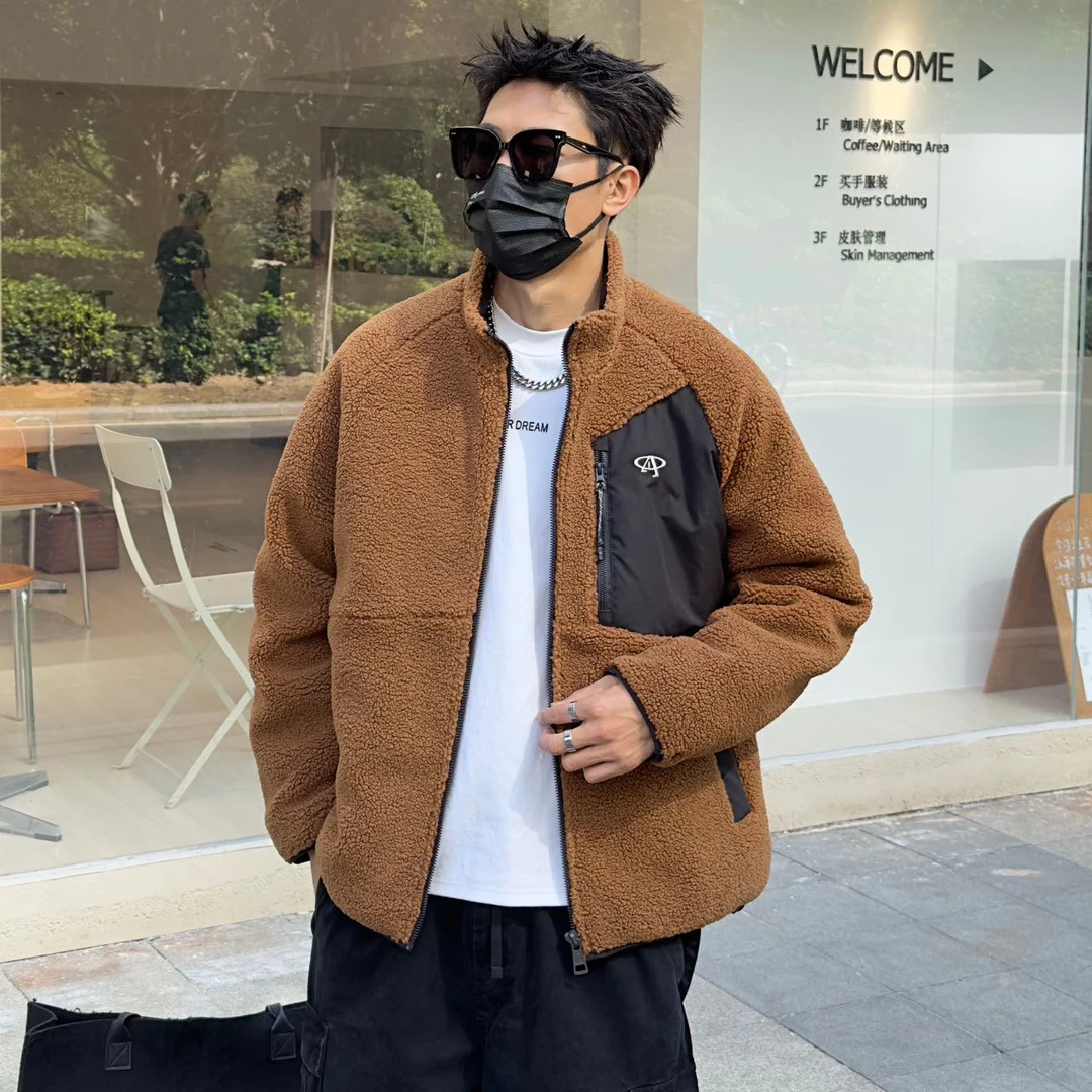 拼接款颗粒绒棉衣男加绒加厚冬款时尚设计感保暖立领外套棉服上衣