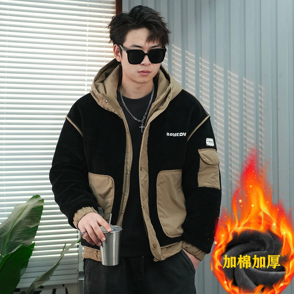 男士颗粒绒棉服拼接外套冬季新款加绒加厚棉衣潮牌时尚宽松保暖衣