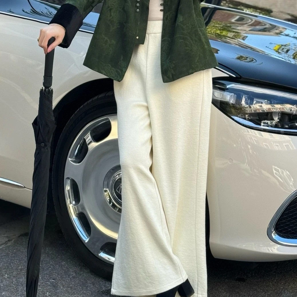 【白洛】南山崔崔休闲百搭中式直筒羊毛松紧阔腿裤