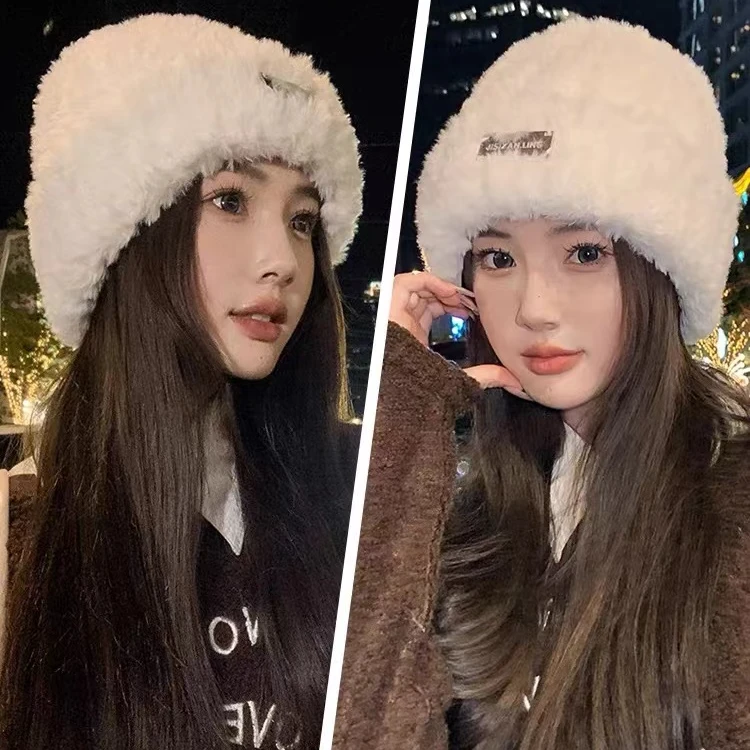 毛线帽子秋冬季女款百搭针织包头显脸小保暖白色毛绒茸冷帽大头围