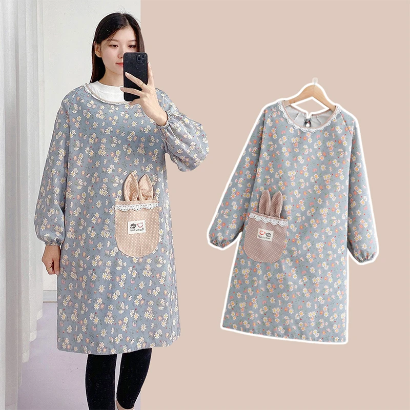 长袖帆布女围裙女家用厨房做饭罩衣竹节棉透气餐饮工作服大人围腰