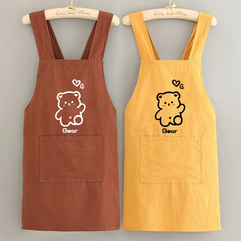 棉布夏季厨房围裙透气防油污可爱卡通交叉带围腰餐饮工作服耐脏女