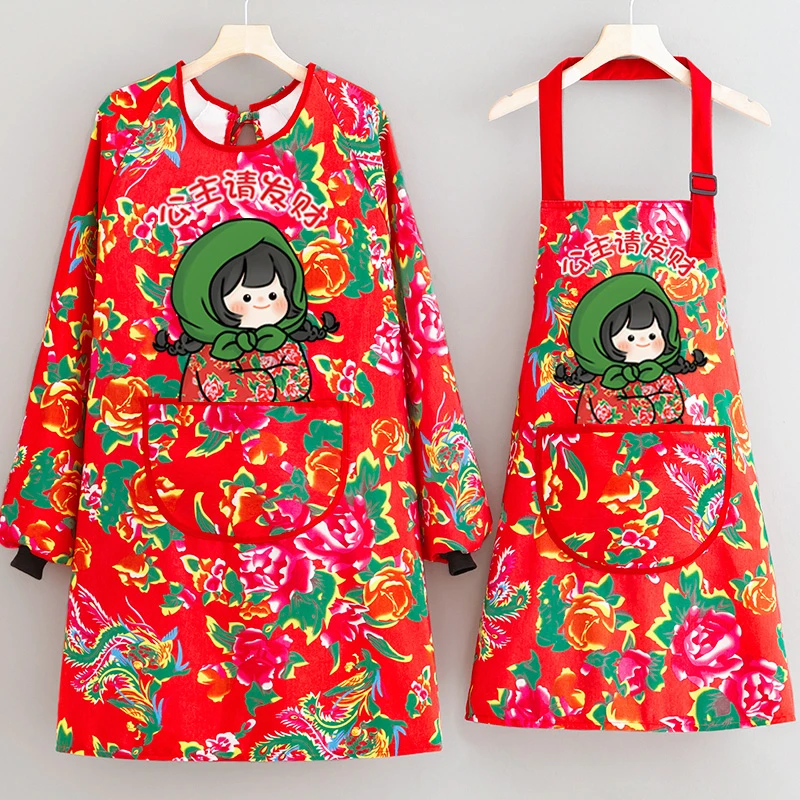 透气围裙女洋气家用厨房餐饮工作服民族东北大花长袖罩衣耐脏耐磨