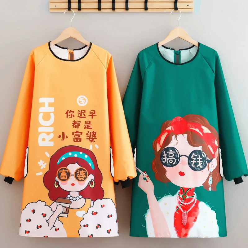 时尚韩版家用厨房做饭围裙女长袖年轻洋气防水罩衣工作服个性罩衫