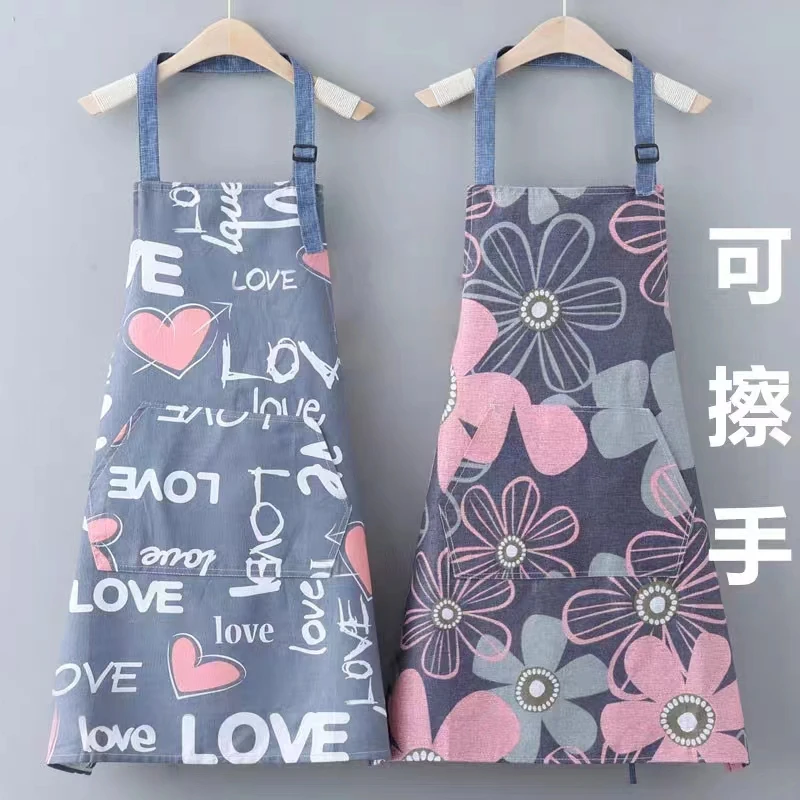 时尚家用厨房防水防油擦手围裙工作服女透气防污日式纯棉围腰定制