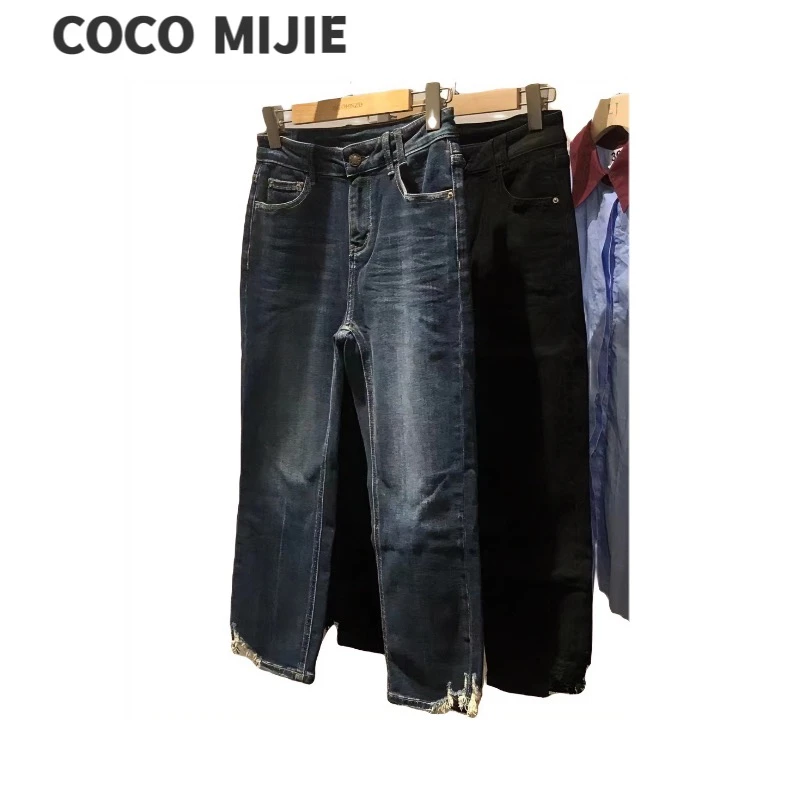 欧货秋冬款八分豁脚牛仔裤