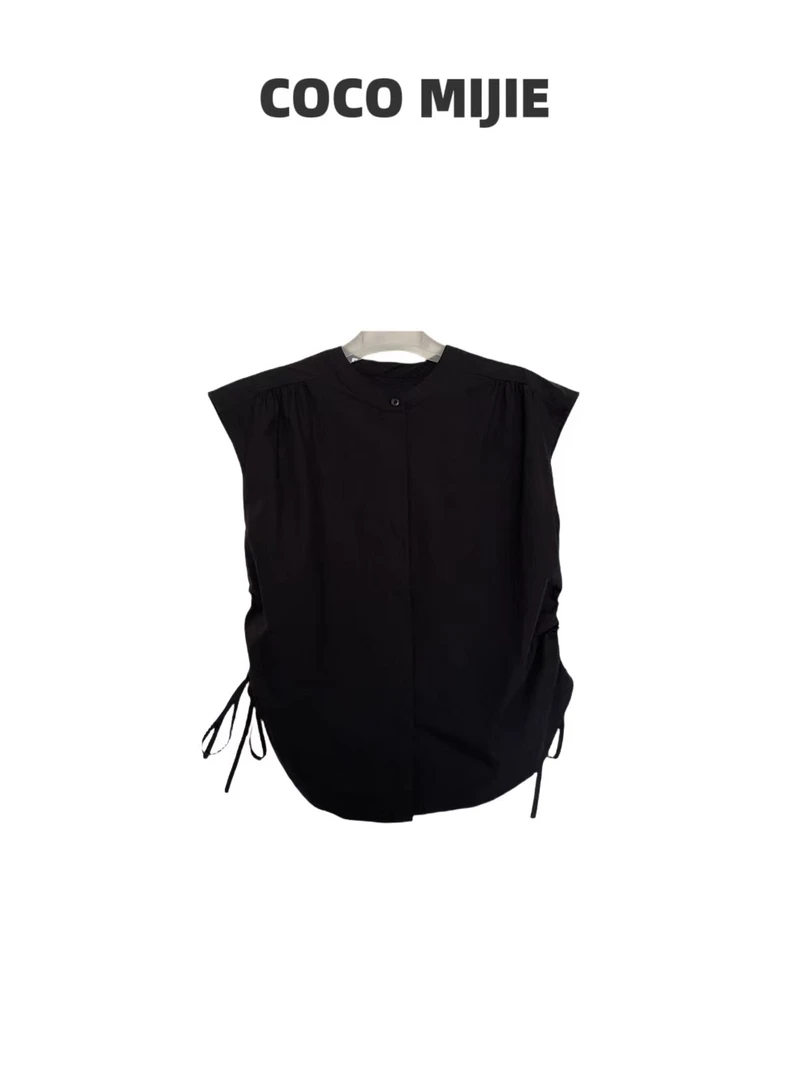 纯色抽绳设计排扣无袖小衫