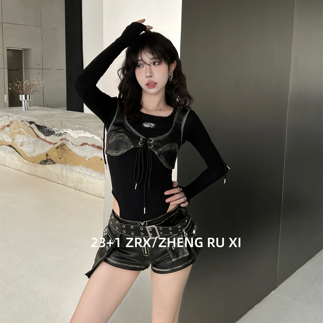 付新博女装正洳西PU皮背心+T恤套装女美式连体上衣两件套12726