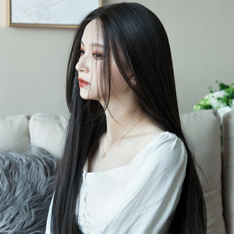 优选假发中分女长直发韩版无刘海前蕾丝黑色假发女长发自然全头套